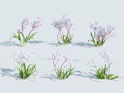 Decorative Purple And White Flowers With Green Leaves Slender Stems On White Background 3d model