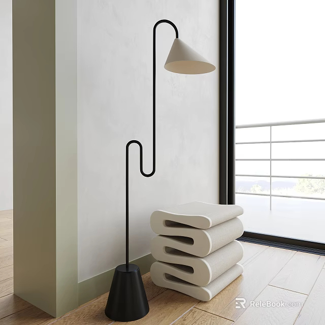 Minimalist Floor Lamp in Modern Room with Stacked White Towels and Large Window 3d model 