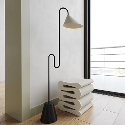 Minimalist Floor Lamp in Modern Room with Stacked White Towels and Large Window 3d model