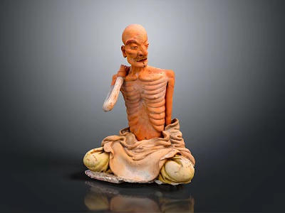 Emaciated Man Statue Sitting on Ground with Tattered Clothes and Wooden Cane Against Gray Background 3d model