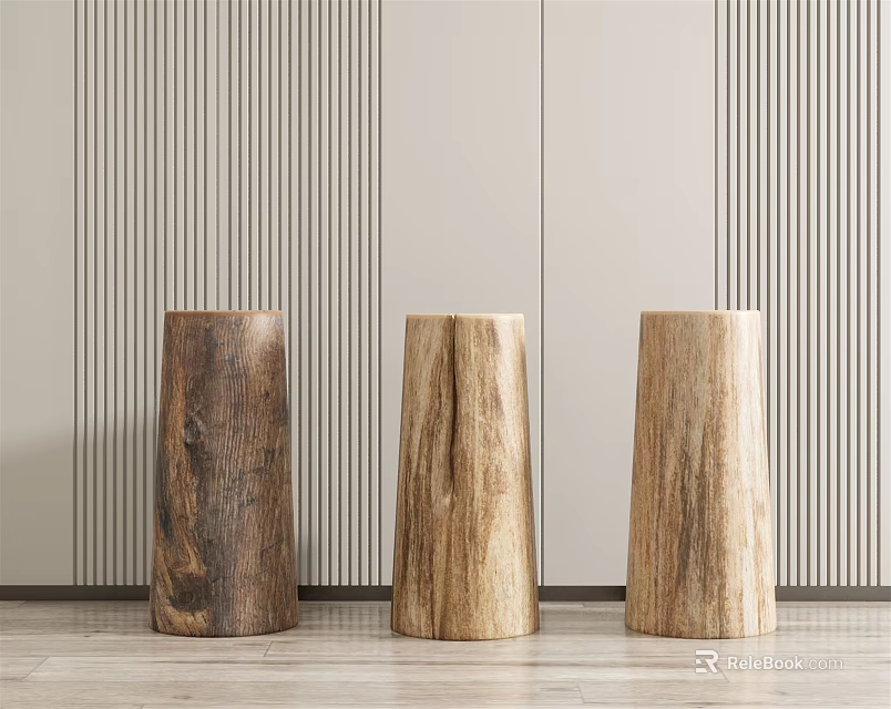 Three Wooden Stools in Modern Indoor Space with Striped Wall Design 3d model 