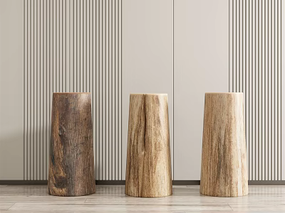 Three Wooden Stools in Modern Indoor Space with Striped Wall Design 3d model