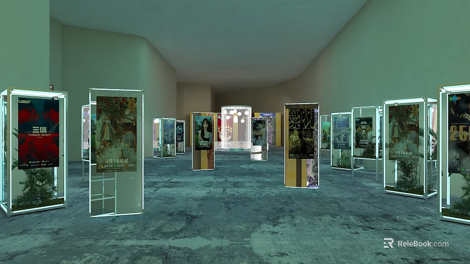 Spacious Exhibition Hall Interior With Neatly Arranged Transparent Display Cases And Posters 3d model 