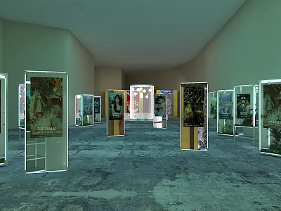Spacious Exhibition Hall Interior With Neatly Arranged Transparent Display Cases And Posters 3d model