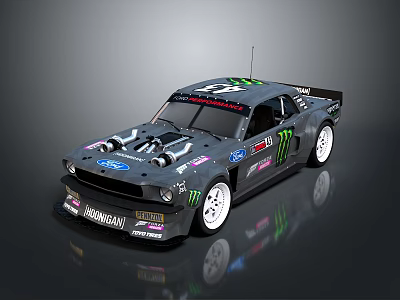Black Modified Race Car With Monster Ford Hoonigan Logos And White Wheels 3d model