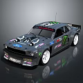 Black Modified Race Car With Monster Ford Hoonigan Logos And White Wheels