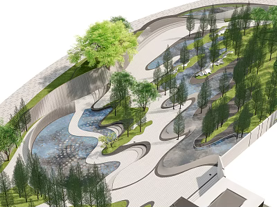 Park Landscape Featuring Winding Paths Stream Green Trees Lush Lawn And Natural Design Elements 3d model