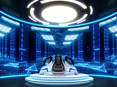 Futuristic Interactive Zone With VR Seats Blue Lighting And Circular Tech Platform 3d model