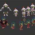 3D Cartoon Game Film Character Models Warrior Archer Different Poses Green White Outfits Red Hats