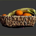 Fresh Bananas and Oranges in Woven Basket on Dark Background