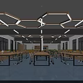 Bright Kindergarten Classroom Interior With Hexagonal Ceiling Lights Tables And Windows 3d model