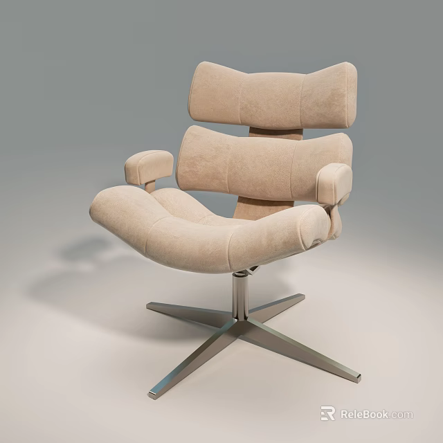 Modern Comfortable Beige Upholstered Leisure Chair With Soft Padded Cushion And Sturdy Metal Swivel Base 3d model 