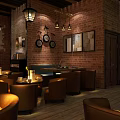 Cozy Bar Interior Design With Stained Glass Window Wooden Shelves Bottles And Leather Chairs