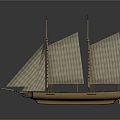 Vintage Wooden Sailboat Model with Two Masts and White Sails on Reflective Surface