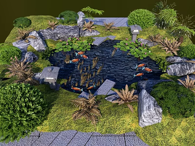 Garden Water Fountain with Koi Fish Lotus Leaves Stone Pathways and Green Plants 3d model