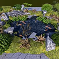Garden Water Fountain with Koi Fish Lotus Leaves Stone Pathways and Green Plants