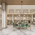 Modern Restaurant Interior With Pendant Lights Marble Flooring Wooden Screens And Comfortable Tables Chairs