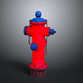 Red And Blue Fire Hydrant With Metal Chains On Gray Background