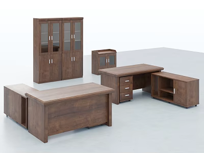 Brown Wooden Office Desk Set With Storage Cabinet And Drawer Units For Home Office 3d model