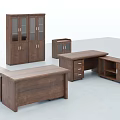 Brown Wooden Office Desk Set With Storage Cabinet And Drawer Units For Home Office