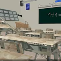 Educational Classroom Furniture Set Including Wooden Desks Metal Chairs And Blackboard