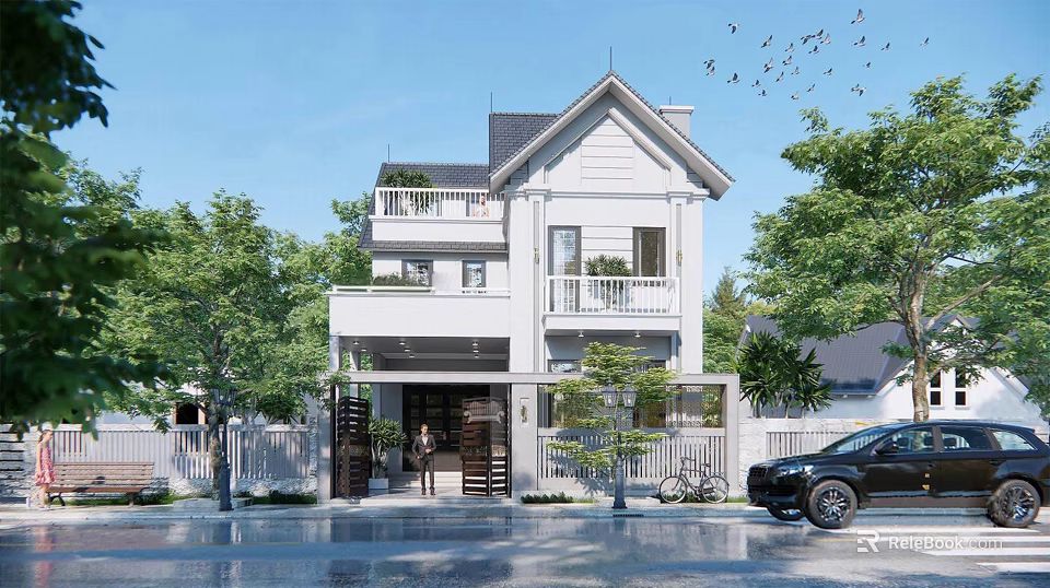 Two Story White Detached Villa With Balconies Green Trees Driveway And Black Car 3d model 