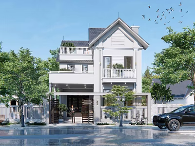 Two Story White Detached Villa With Balconies Green Trees Driveway And Black Car 3d model