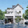 Two Story White Detached Villa With Balconies Green Trees Driveway And Black Car