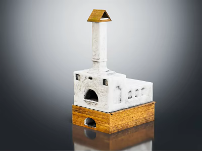 Decorative Stove With White Body Brown Chimney And Wooden Base Design 3d model