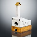 Decorative Stove With White Body Brown Chimney And Wooden Base Design