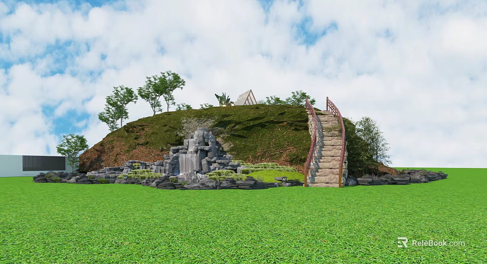 Scenic Natural Landscape With Lush Green Grass Small Hill Stone Staircase And Trees 3d model 