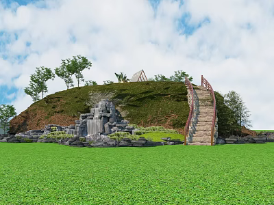 Scenic Natural Landscape With Lush Green Grass Small Hill Stone Staircase And Trees 3d model
