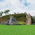 Scenic Natural Landscape With Lush Green Grass Small Hill Stone Staircase And Trees