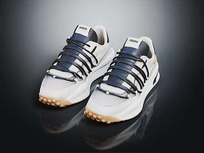 Stylish White And Black Sports Shoes With Thick Soles And Striped Laces Design 3d model