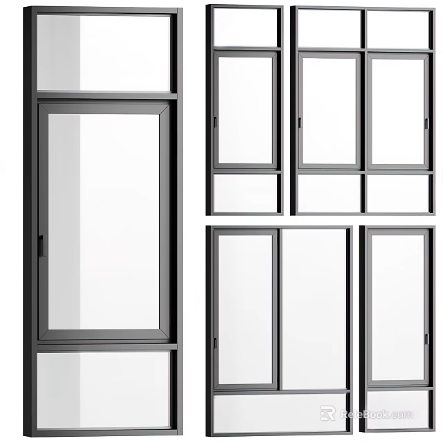 Modern Casement Windows With Black Frame Clear Glass And Multiple Panels Design 3d model 