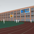 Red Brick School Building With Large Windows Playground Track And Active People 3d model