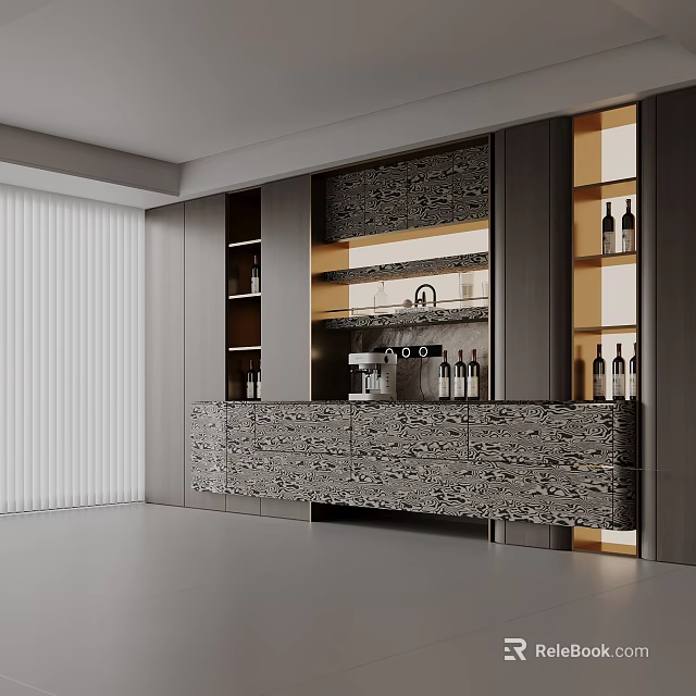 Elegant Modern Wine Cabinet With Marble Texture Layered Design And Wine Bottles 3d model 