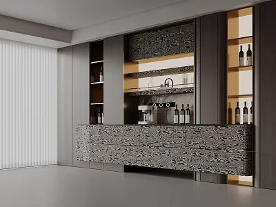 Elegant Modern Wine Cabinet With Marble Texture Layered Design And Wine Bottles 3d model