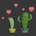Cartoon Cacti With Smiling Faces In Colorful Patterned Pots And Pink Hearts Around