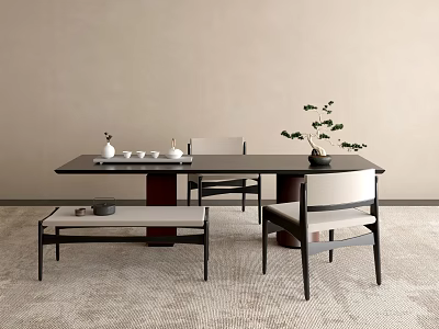 Modern Minimalist Tea Table and Chairs with Black Top Wooden Frame and Green Plant 3d model