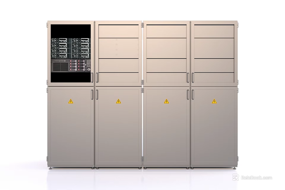 Industrial Metal Equipment Cabinets With Warning Signs And Visible Control Panels 3d model 