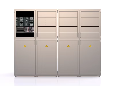 Industrial Metal Equipment Cabinets With Warning Signs And Visible Control Panels 3d model