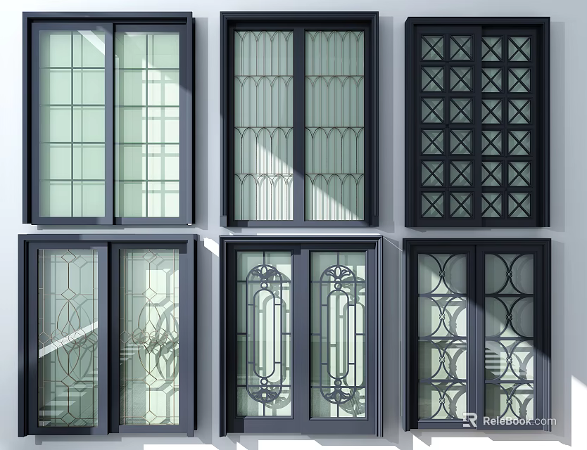 Various Stylish Sliding Doors With Decorative Glass Patterns For Home Design 3d model 
