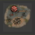 Cartoon Circus Scene Featuring Red White Striped Tent Characters Wooden Cart Barrels And Campfire