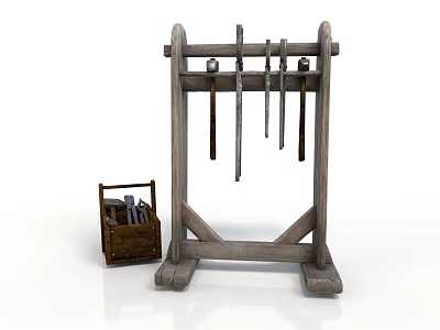 Industrial Equipment Wooden Tool Rack With Hanging Tools And Small Storage Box 3d model