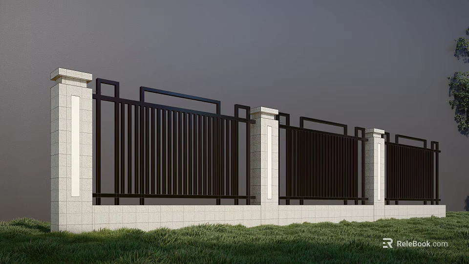 Modern Garden Wall Design With Black Vertical Slats White Columns And Grass 3d model 