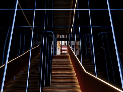 Futuristic Modern Elevator Corridor With Stylish Blue Neon Lines And Warm Lighted Staircase Design 3d model