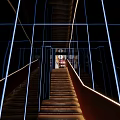 Futuristic Modern Elevator Corridor With Stylish Blue Neon Lines And Warm Lighted Staircase Design