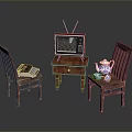 Vintage Living Room Setup With Wooden Chairs Table TV Books And Teapot