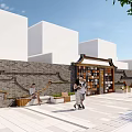 Traditional Chinese Feature Wall With Colorful Square Panels Tile Roof And Brick Wall In Plaza